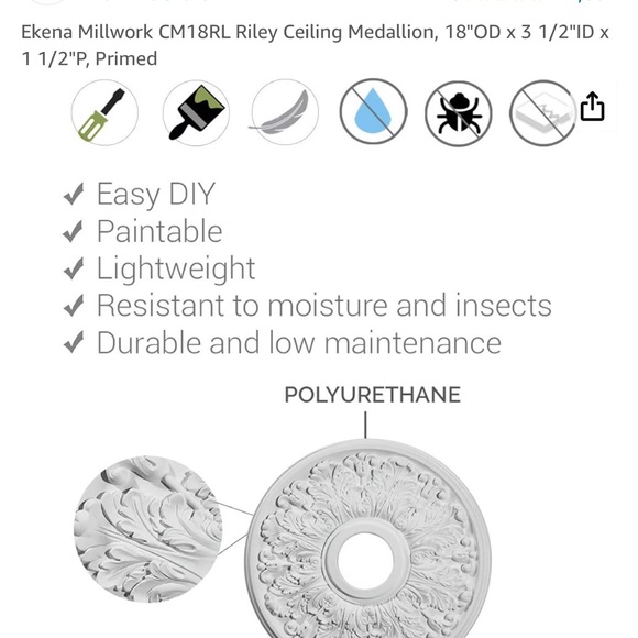 NIB Ceiling Medallion, 18"OD x 3 1/2"ID x 1 1/2"P, Primed - Picture 8 of 8